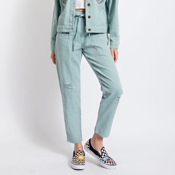 New Easel LA EB50159 Washed Twill Pants Pockets Jogger Sage Distressed Pull On - Picture 3 of 10
